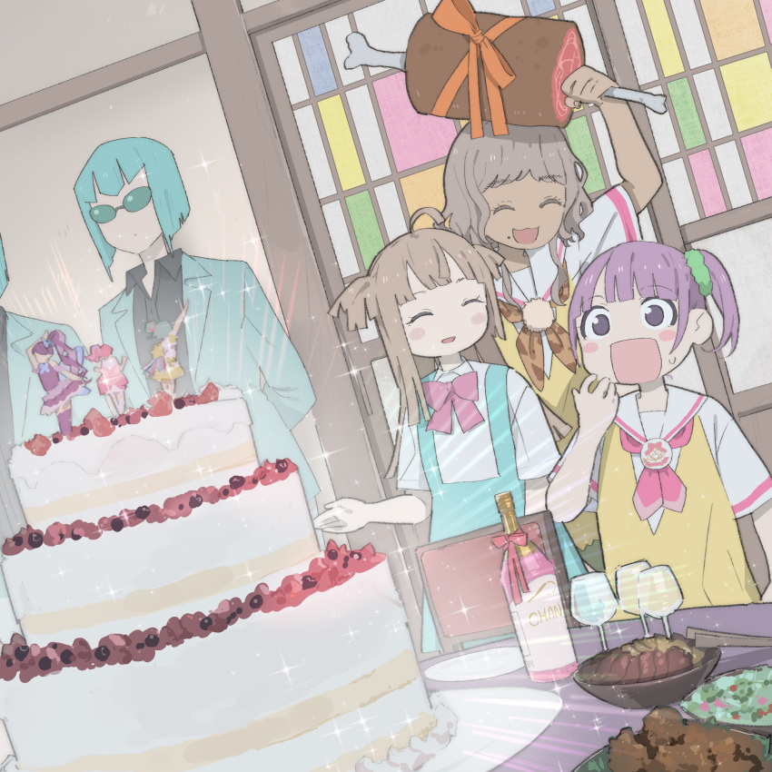 3girls, ^_^, arm_up, birthday_cake, blue_hair, blunt_bangs, blush, boned_meat