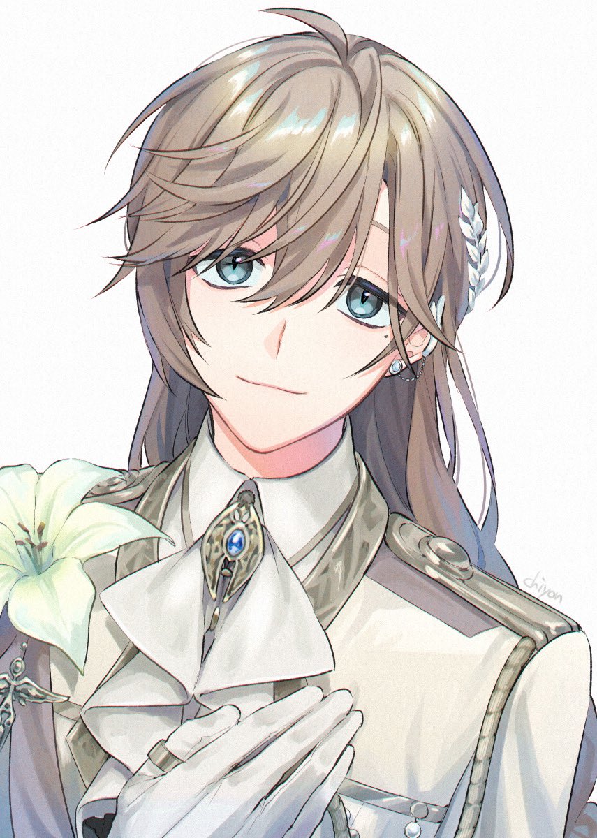 1boy, aiguillette, ascot, blue_eyes, brooch, brown_hair, chon_chiyon, collared_shirt