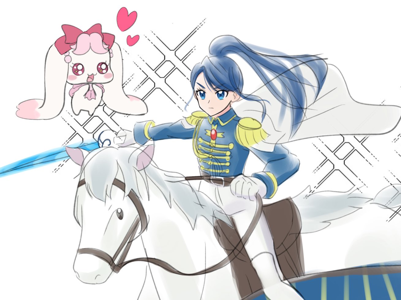 1girl, 1other, alternate_costume, amagan_ruruboshi, blue_eyes, blue_hair, cape, epaulettes, expressionless, heart, holding, holding_sword, holding_weapon, horseback_riding, long_hair, looking_at_another, looking_to_the_side, military_uniform, milk_(yes!_precure_5), minazuki_karen, pants, ponytail, precure, red_brooch, riding, sword, uniform, weapon, white_cape, white_horse, white_pants, yes!_precure_5