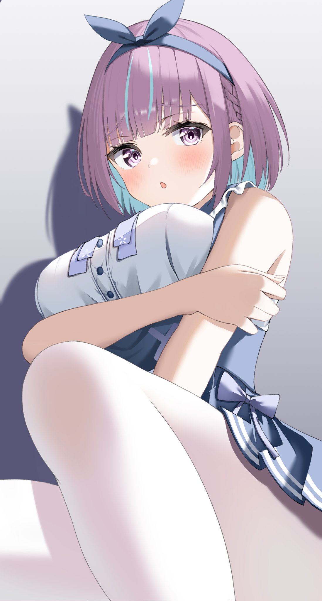 1girl, blue_hairband, bob_cut, bow, colored_inner_hair, frilled_sailor_collar, frills, hairband, highres, hololive, looking_right, minato_aqua, minato_aqua_(5th_costume), multicolored_hair, pantyhose, pink_eyes, ribbon, sailor_collar, short_hair, solo, syunnkishi8687, tail, tail_ornament, tail_ribbon, two-tone_hair, virtual_youtuber, white_pantyhose