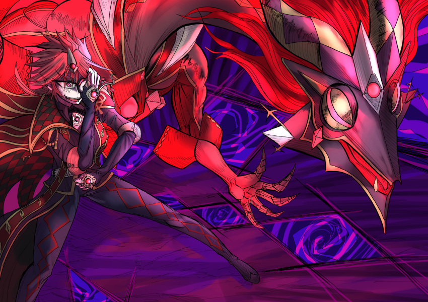 1boy, aluber_(yu-gi-oh!), aluber_the_jester_of_despia, cape, chest_jewel, claws, demon_dragon, duel_monster