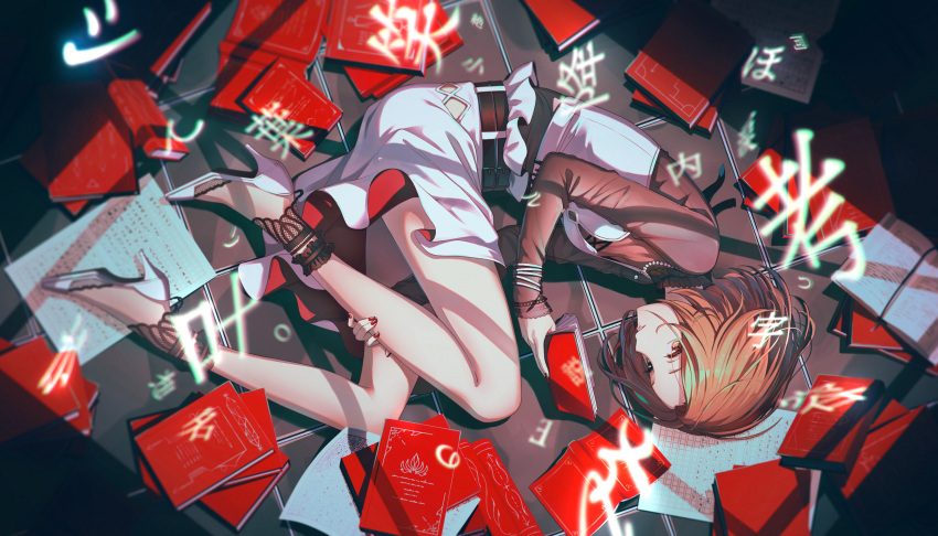 1girl, ankle_cuffs, ankle_strap, argyle, argyle_cutout, bare_legs, belt, between_legs
