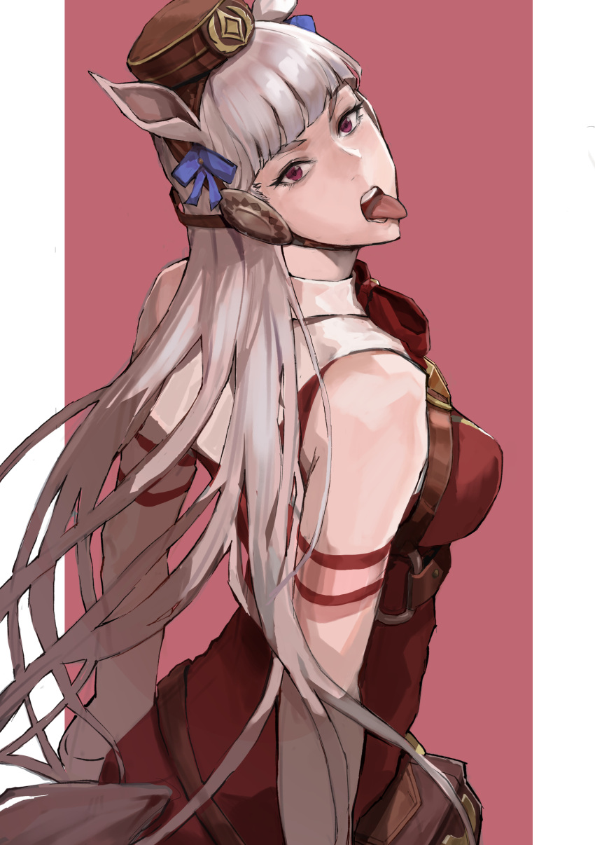 1girl, absurdres, animal_ears, bare_shoulders, blunt_bangs, bow, bowtie, breasts, dress, ear_bow, ear_covers, ear_ribbon, earmuffs, gold_ship_(umamusume), grey_hair, hat, highres, horse_ears, horse_girl, large_breasts, long_hair, looking_at_viewer, looking_back, muscular, muscular_female, open_mouth, park_ongjol, pillbox_hat, purple_bow, purple_bowtie, red_dress, red_shirt, school_uniform, shirt, sideboob, sleeveless, solo, tongue, tongue_out, tracen_school_uniform, umamusume, violet_eyes, white_hair