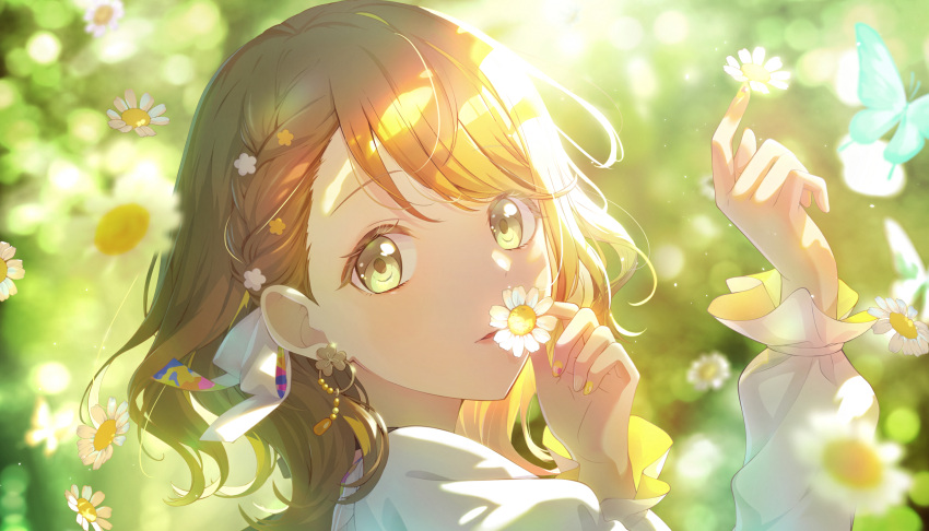 1girl, backlighting, beads, blurry, blurry_background, bokeh, braid, brown_hair, bug, butterfly, clover_earrings, colorful_palette, daisy, day, depth_of_field, dot_nose, earrings, eyelashes, fingernails, flower, flower_to_mouth, frilled_sleeves, frills, glint, green_background, green_butterfly, grey_eyes, hair_behind_ear, hair_flower, hair_ornament, hair_ribbon, hanasato_minori, hand_to_own_mouth, hands_up, highres, holding, holding_flower, index_finger_raised, jewelry, light_particles, long_sleeves, looking_at_viewer, looking_back, medium_hair, multicolored_nails, multicolored_ribbon, official_alternate_costume, official_alternate_hairstyle, official_art, outdoors, parted_lips, pink_nails, project_sekai, puffy_long_sleeves, puffy_sleeves, ribbon, shirt, short_braid, simple_background, single_braid, solo, sunlight, swept_bangs, tareme, third-party_source, two-sided_ribbon, wavy_hair, white_flower, white_nails, white_ribbon, white_shirt, yellow_butterfly, yellow_nails