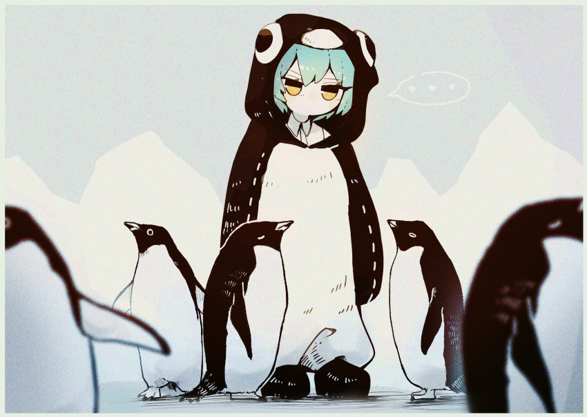 1girl, absurdres, angela_(project_moon), animal_costume, bird, blue_hair, collared_shirt, full_body