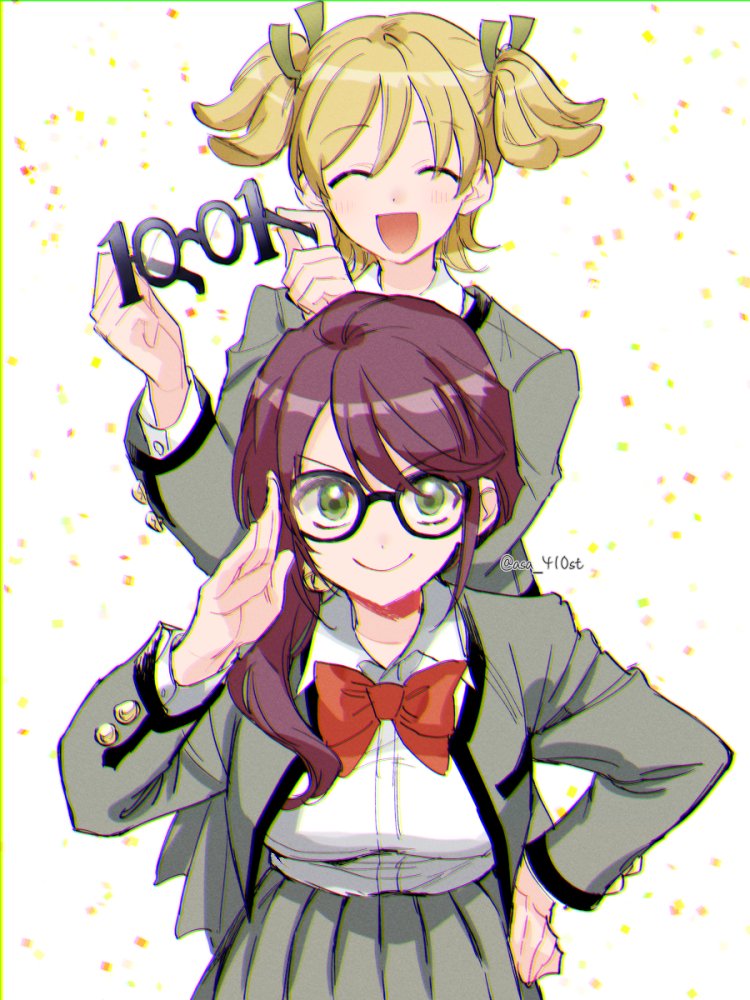 >:), 2girls, :d, ^_^, adjusting_eyewear, asa_(asa_410st), behind_another, bell
