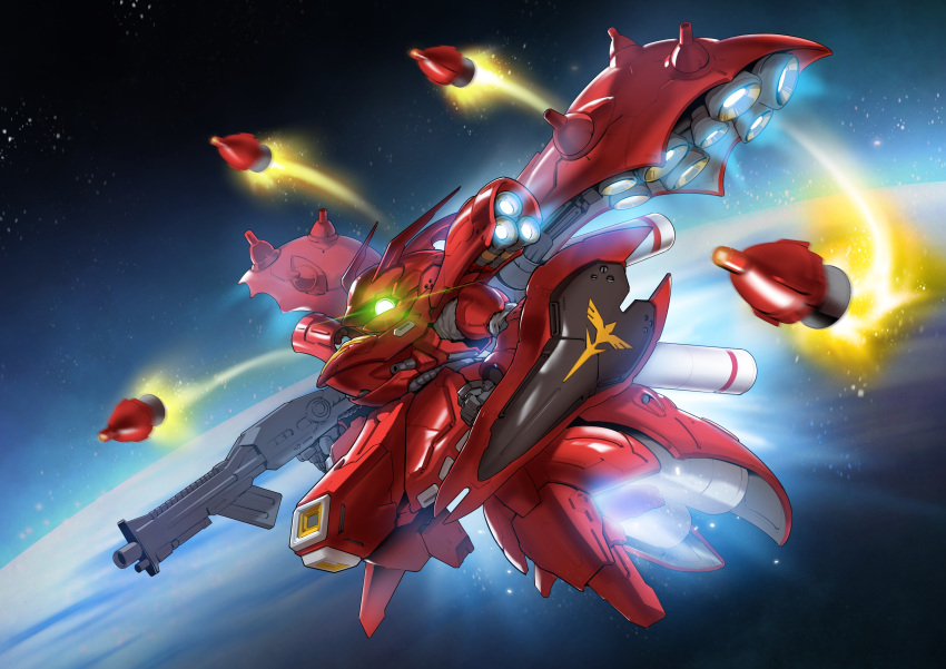 absurdres, beam_rifle, char's_counterattack, char's_counterattack_-_beltorchika's_children, chibi, earth_(planet), energy_gun, exhaust