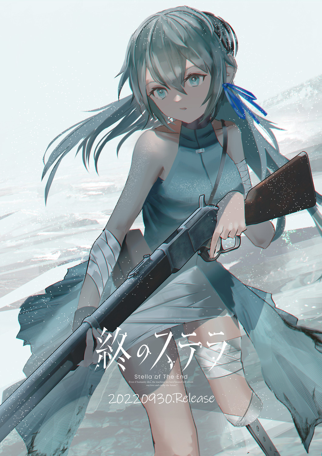 black_hair, blue_eyes, closed_mouth, collarbone, delilah_(tsui_no_stella), dress, gun, hair_between_eyes, highres, holding, holding_gun, holding_weapon, long_hair, ribbon, swav, tsui_no_stella, weapon, winchester_model_1894
