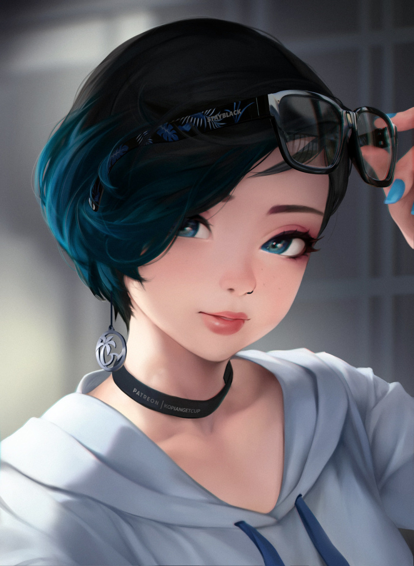 1girl, black-framed_eyewear, black_choker, black_hair, blue_eyes, blue_hair, blue_nails, blurry