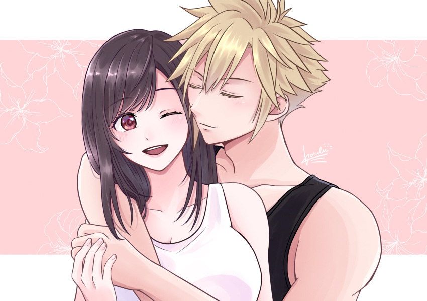 1boy, 1girl, black_hair, black_singlet, blonde_hair, closed_eyes, cloud_strife, final_fantasy