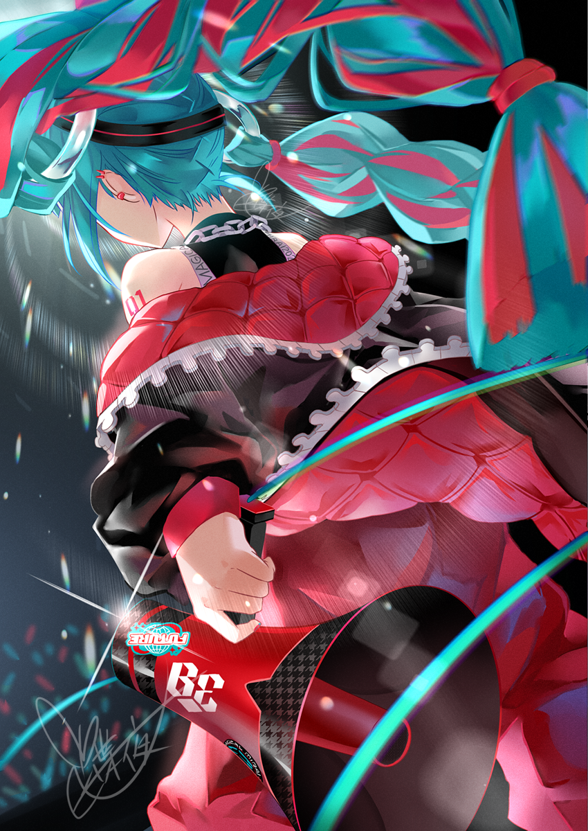 1girl, 39, aqua_hair, audience, baggy_pants, bare_shoulders, black_bodysuit, black_jacket