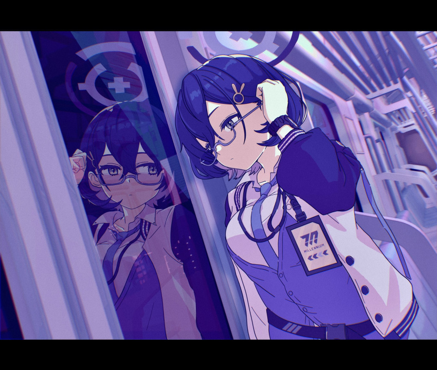 1girl, blue_archive, blue_cardigan, blue_hair, blue_necktie, cardigan, chihiro_(blue_archive), glasses, green_eyes, hair_ornament, halo, highres, jacket, kuzuuo, necktie, rabbit_hair_ornament, reflection, short_hair, train_interior, watch, watch