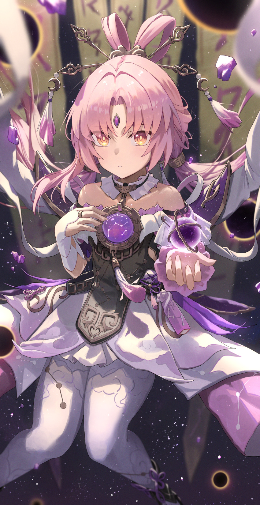 1girl, absurdres, bare_shoulders, blurry, bow-shaped_hair, bridal_gauntlets, casting_spell, closed_mouth