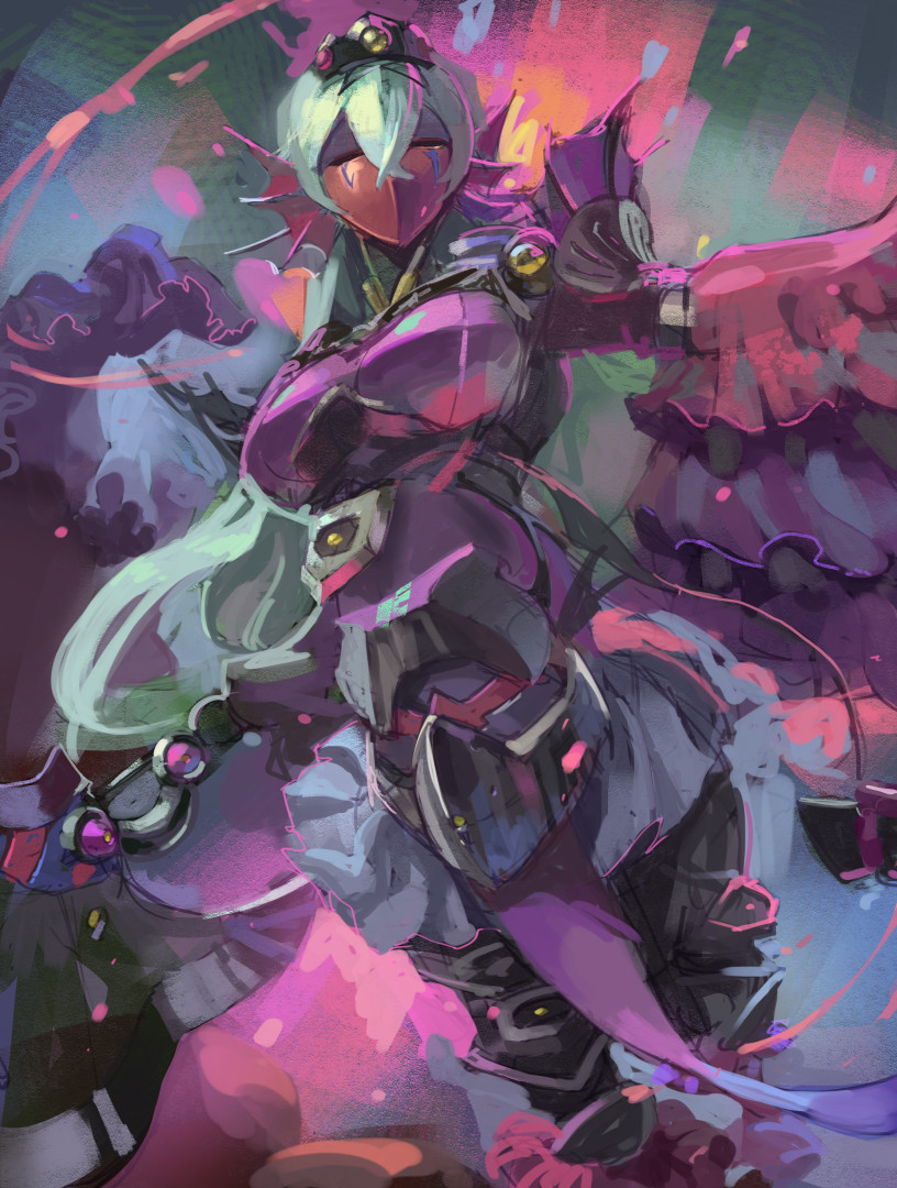 1girl, armor, axe, breasts, duel_monster, feet_out_of_frame, fins, frilled_sleeves