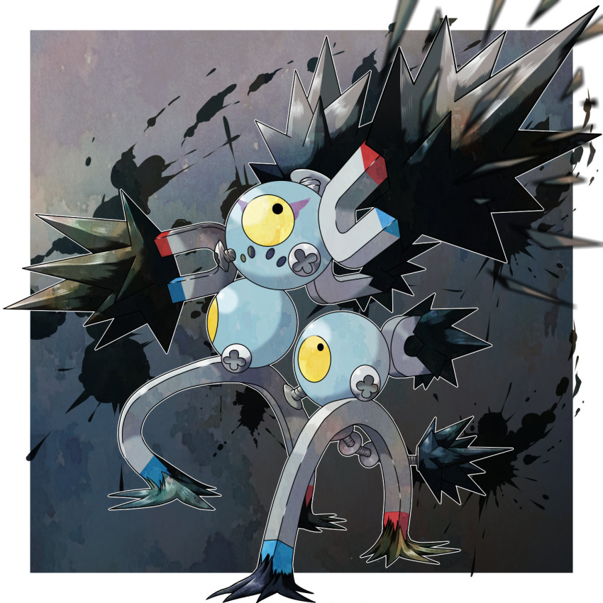 black_eyes, border, commentary_request, grey_background, highres, looking_back, magnet, no_humans