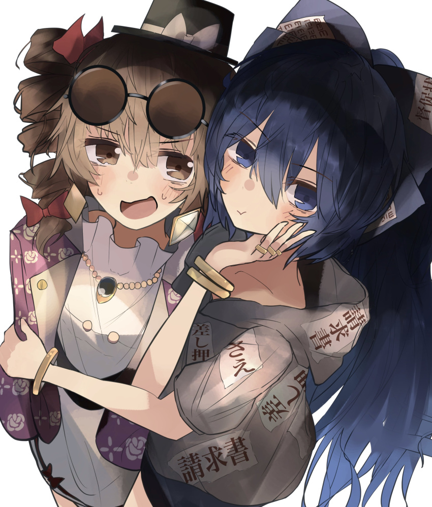 2girls, absurdres, blue_bow, blue_hair, bow, brown_hair, drill_hair, eyewear_on_head