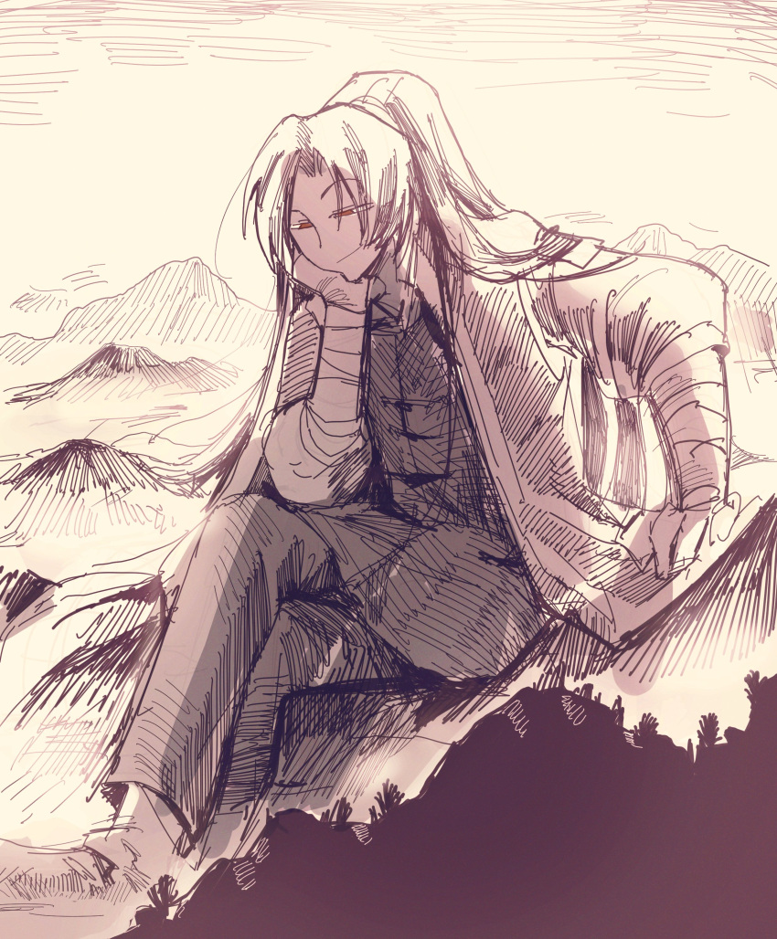 1boy, absurdres, crossed_legs, giant, greyscale, hand_up, high_ponytail, highres