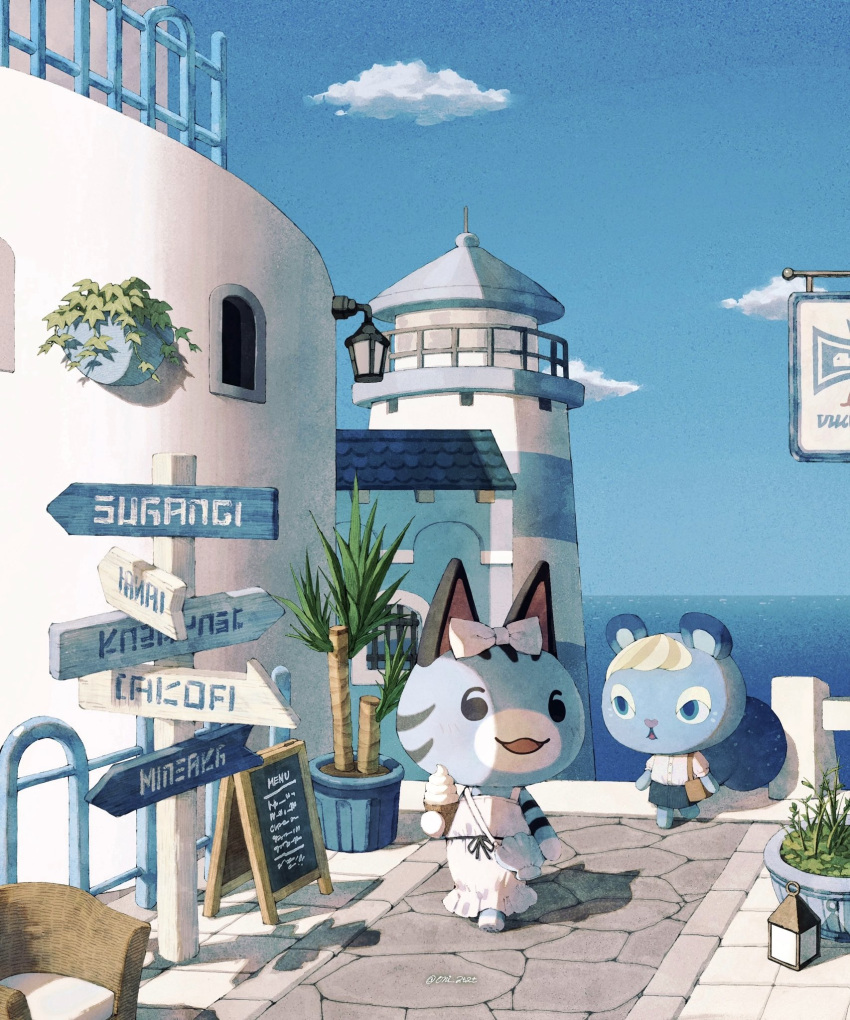 2girls, animal_crossing, artist_name, bag, black_ribbon, blue_eyes, blue_skirt, blue_sky