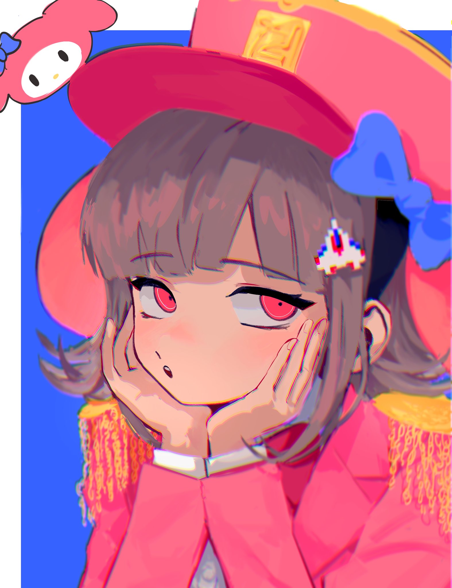 1girl, :o, animal_ears, blue_background, blue_bow, blunt_bangs, border, bow