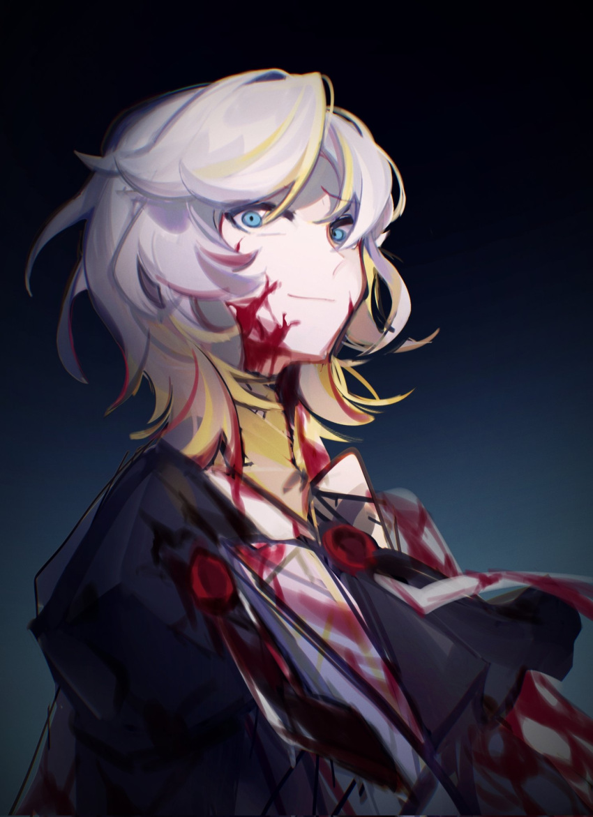 1girl, ascot, black_ascot, blonde_hair, blood, blood_on_face, blue_eyes, closed_mouth