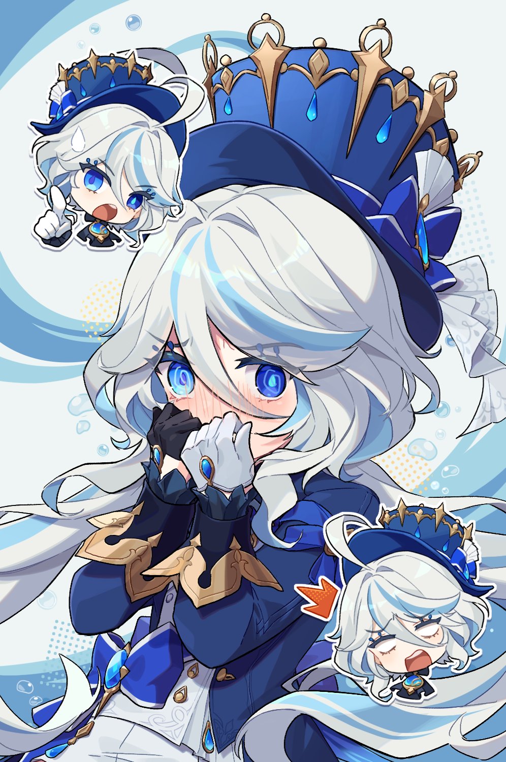 1girl, @_@, asymmetrical_gloves, black_gloves, blue_bow, blue_eyes, blue_gemstone, blue_hair, blue_headwear, blue_jacket, blush, bow, full-face_blush, furina_(genshin_impact), gem, genshin_impact, gloves, gold_trim, hands_up, hat, hat_bow, highres, jacket, long_hair, long_sleeves, looking_at_viewer, low_twintails, mismatched_gloves, multicolored_hair, multiple_views, ri_eul_fd, sidelocks, streaked_hair, top_hat, twintails, upper_body, very_long_hair, vest, white_gemstone, white_hair, white_vest