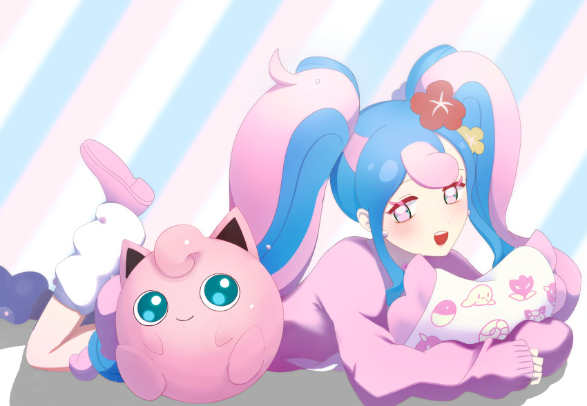 1girl, absurdres, aqua_eyes, blue_hair, bull_sprite_(pokemon), clefairy_sprite_(pokemon), earrings, fairy_miku_(project_voltage)