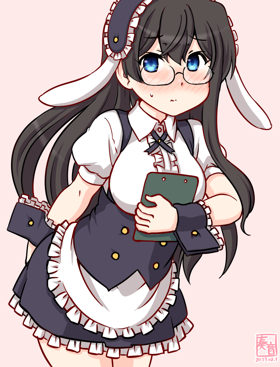 1girl, animal_ears, apron, artist_logo, black_hair, black_hairband, blue_eyes, breasts