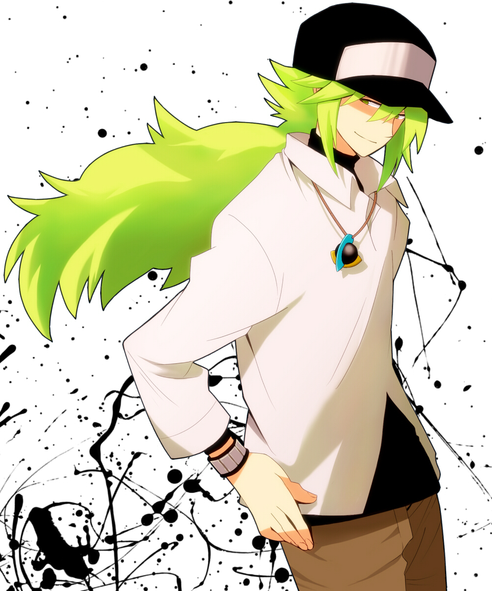 green_eyes, green_hair, hat, highres, jewelry, long_hair, male, n_(pokemon), necklace, necklaces, oda, pokemon, pokemon_(game), pokemon_black_and_white, pokemon_bw