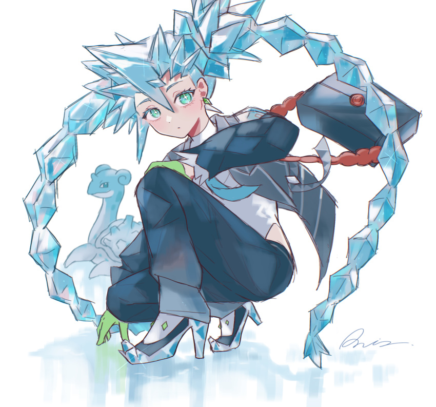1girl, aqua_eyes, bag, blue_bag, blue_footwear, blue_hair, blue_jacket, blue_necktie