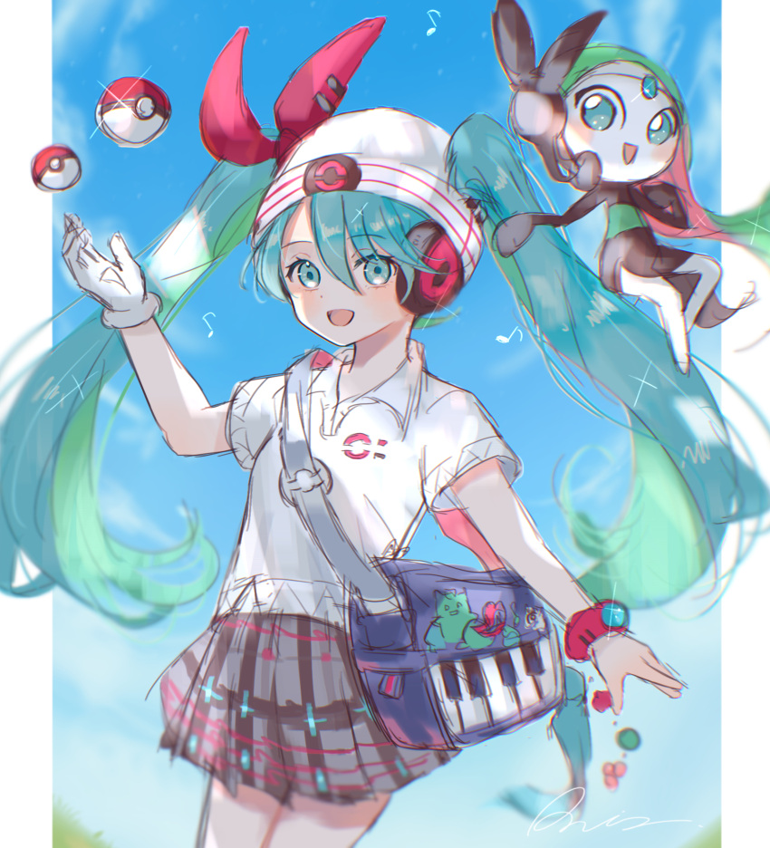 1girl, :d, aqua_hair, arm_up, bag, beanie, blue_eyes, blue_hair