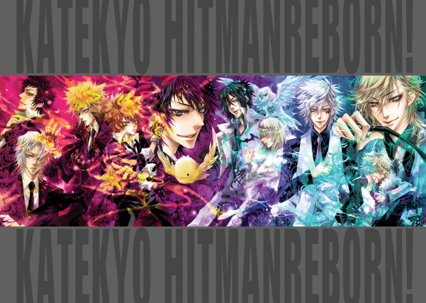 belphegor_(reborn), bird, black_hair, blonde_hair, blue_eyes, byakuran, dino, fingerless_gloves