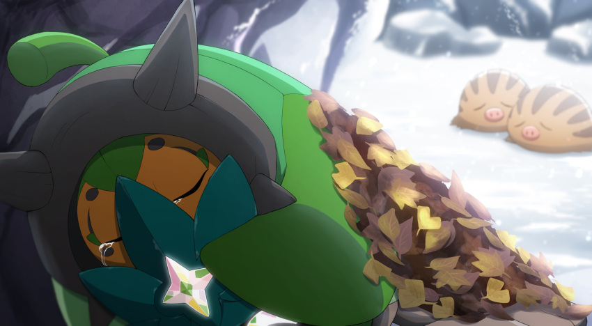 closed_eyes, commentary_request, crying, day, highres, holding, holding_mask, leaf