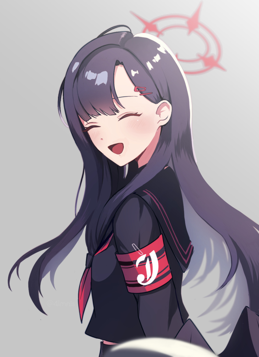 1girl, armband, black_hair, black_serafuku, blue_archive, blush, closed_eyes, flaw_(4lmnis)