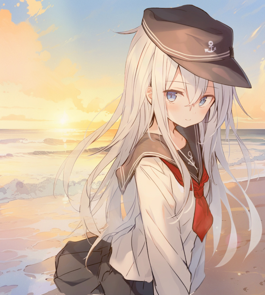 1girl, anchor_symbol, beach, black_headwear, black_sailor_collar, black_serafuku, black_skirt, blue_eyes