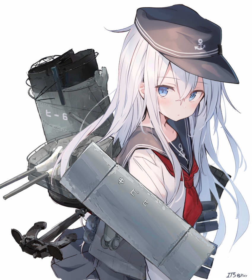 1girl, anchor_symbol, black_headwear, black_sailor_collar, black_serafuku, black_skirt, blue_eyes, blush