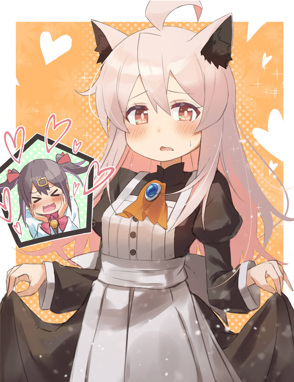 >_<, 1girl, ahoge, alternate_costume, animal_ear_fluff, animal_ears, apron, ascot