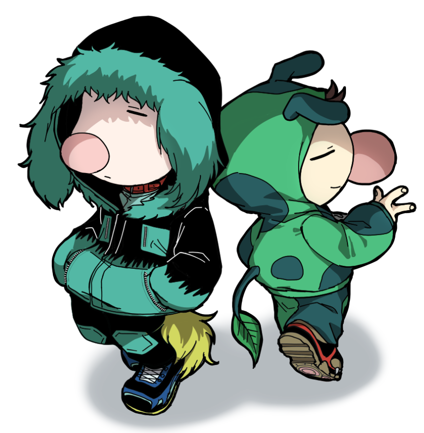 2boys, alternate_costume, ancient_sirehound, ancient_sirehound_(cosplay), animal_collar, animal_ear_hood, animal_ears, back-to-back, big_nose, black_pants, blue_footwear, blue_hoodie, blue_pants, brown_hair, closed_eyes, closed_mouth, collar, commentary_request, cosplay, cross-laced_footwear, denim, dog_ears, dog_tail, fingernails, floppy_ears, frown, full_body, hands_in_pockets, hood, hood_up, hoodie, jeans, knee_pads, leaf, louie_(pikmin), male_focus, moss_(pikmin), moss_(pikmin)_(cosplay), moushiwa_nasubi, multiple_boys, olimar, pants, pikmin_(series), pink_nose, red_collar, red_footwear, shadow, shoes, short_hair, smile, sneakers, spots, tail, v, very_short_hair, white_background, zipper