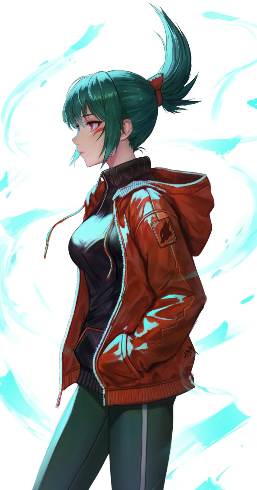 1girl, absurdres, alternate_costume, black_shirt, breasts, closed_mouth, eruthu, green_hair