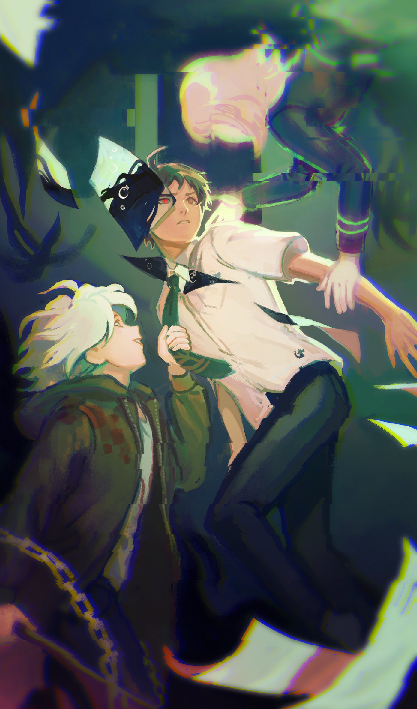 1girl, 2boys, ahoge, black_hair, chain, collared_shirt, danganronpa_(series), danganronpa_2:_goodbye_despair