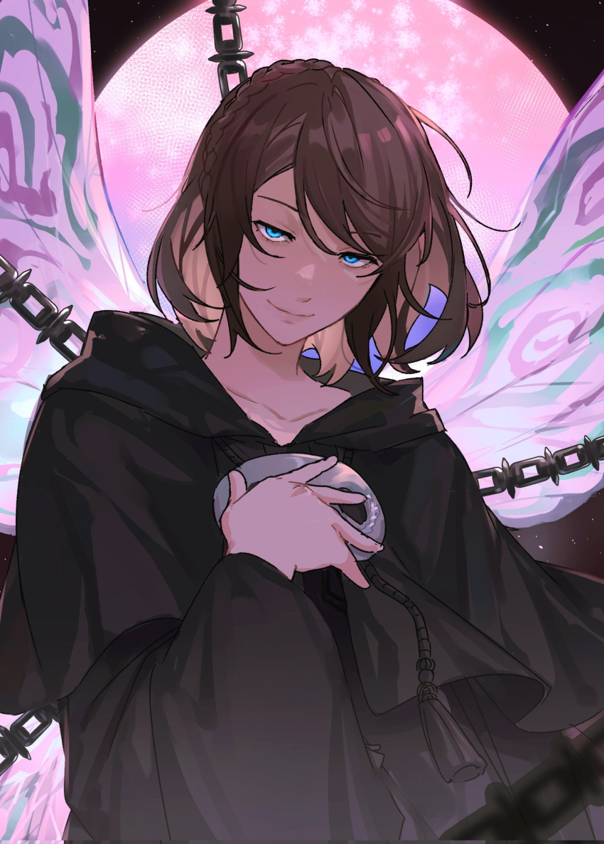 1girl, athena_(ff14), black_capelet, black_robe, blue_eyes, braid, brown_hair, capelet