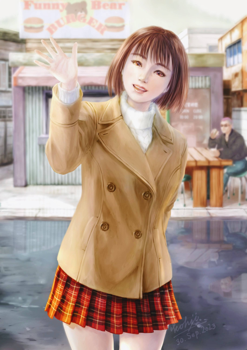 1boy, 1girl, absurdres, arm_behind_back, bob_cut, brown_coat, brown_eyes, brown_hair