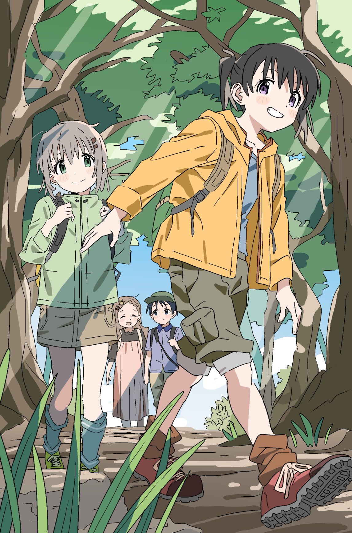 4girls, aoba_kokona, backpack, bag, baseball_cap, black_hair, blue_sky, blush
