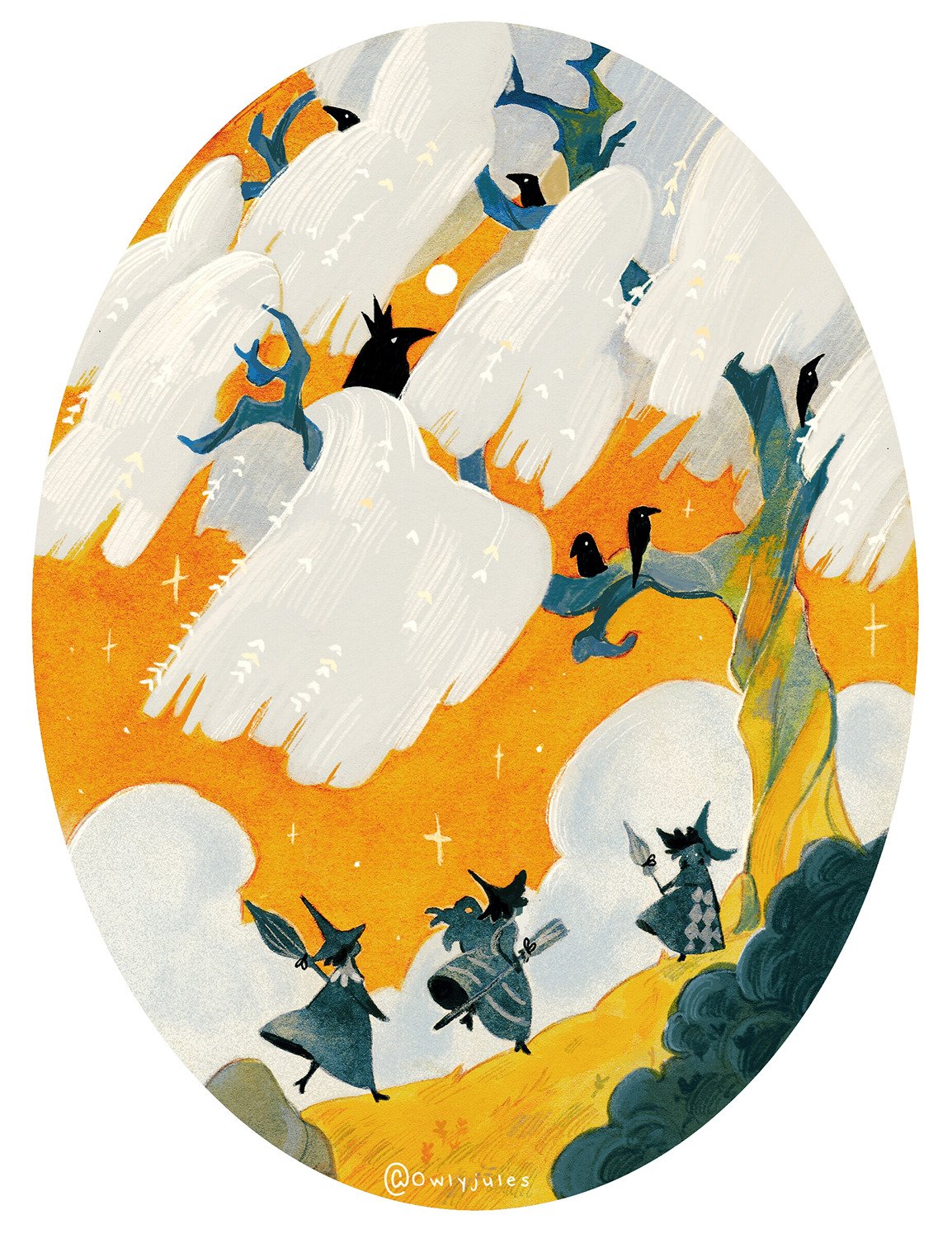 3girls, bird, black_bird, border, broom, clouds, commentary, crow, dress, english_commentary, full_moon, hat, highres, holding, holding_broom, limited_palette, long_dress, long_hair, long_sleeves, moon, multiple_girls, orange_background, orange_sky, original, outdoors, owlyjules, running, sky, sparkle, standing, tree, twitter_username, white_border, wide_shot, witch, witch_hat