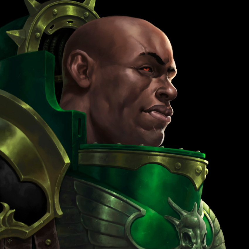 absurdres, adrian4rt, armor, bald, black_background, black_sclera, colored_sclera, dark_skin
