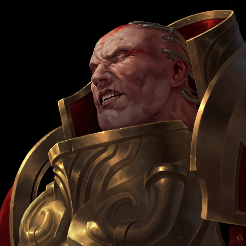 absurdres, adrian4rt, angron, angry, armor, bald, black_background, butchers_nails