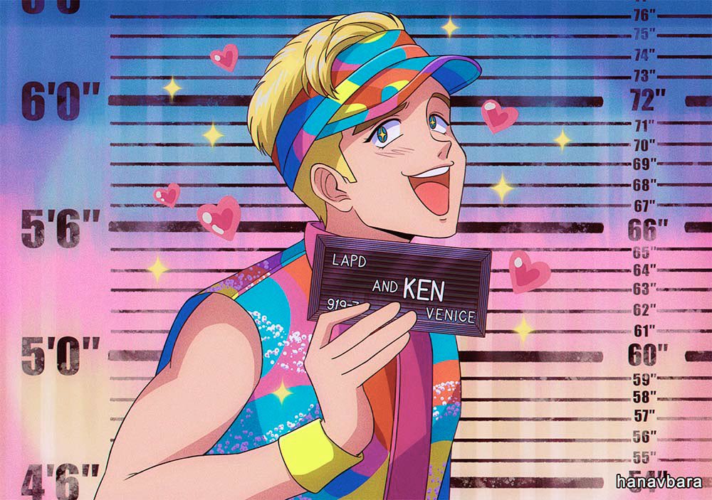 +_+, 1990s_(style), 1boy, artist_name, barbie_(franchise), barbie_(live_action), barbie_mugshot_(meme), bare_shoulders