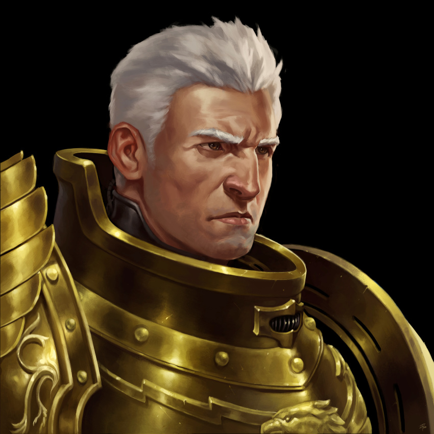 absurdres, adrian4rt, armor, bird, black_background, eagle, fluffy_hair, gold_armor