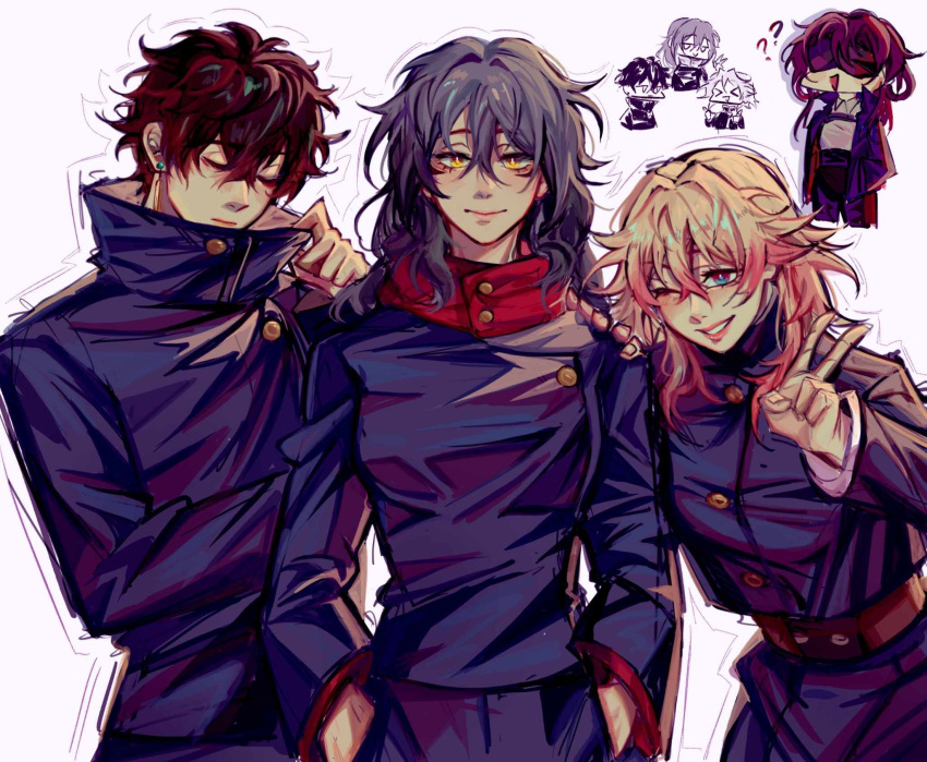 1boy, 3girls, black_hair, closed_eyes, dan_heng_(honkai:_star_rail), gojou_satoru, grey_hair, highres