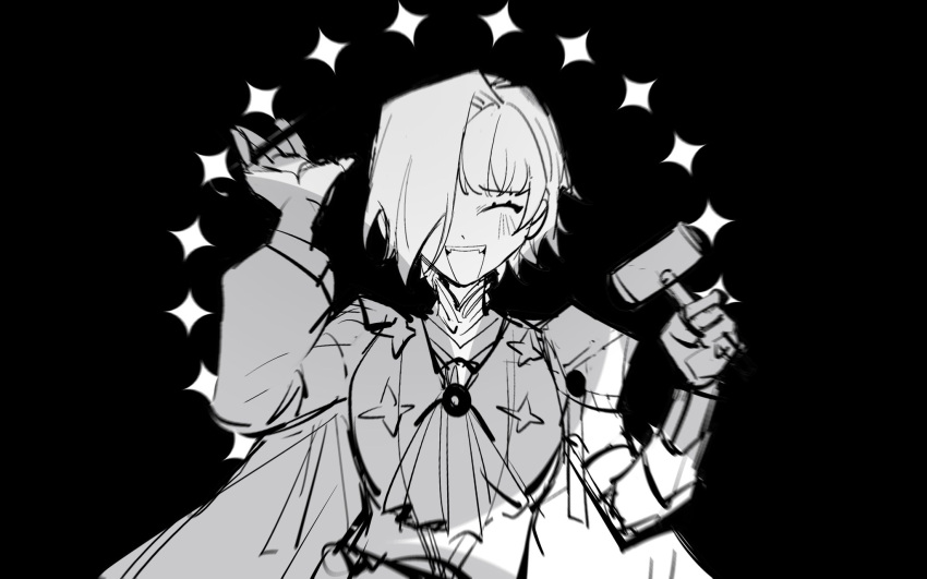 1girl, ascot, blush, cape, closed_eyes, facing_viewer, gloves, greyscale