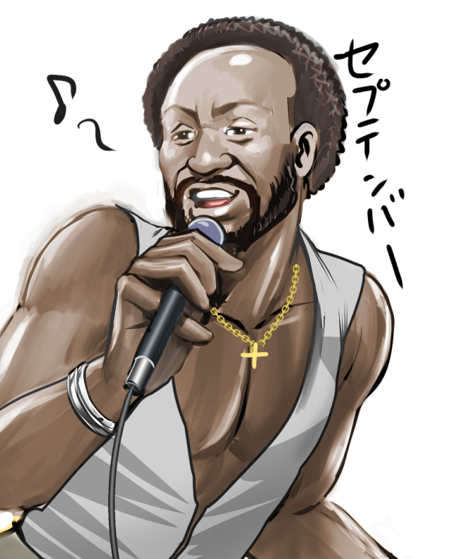 1boy, black_hair, brown_eyes, commentary, dark-skinned_male, dark_skin, earth_wind_&amp;_fire_(band), flat_chest